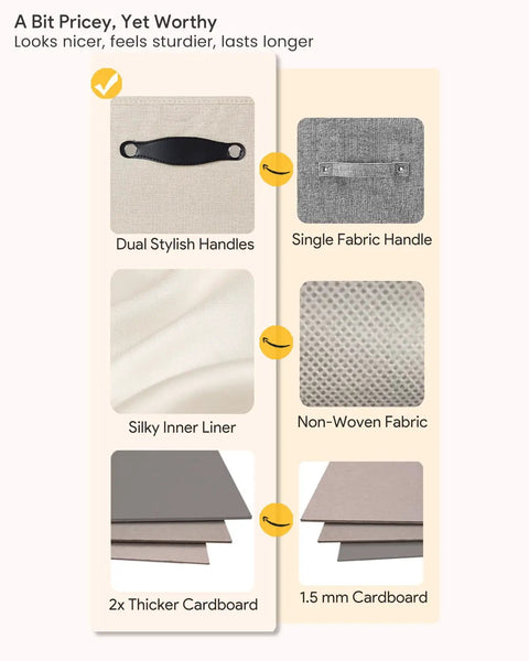 Comparison of storage cube bins highlighting dual stylish handles, silky inner liner, and thicker cardboard for durability.