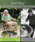 Image showing two men near bird baths, comparing effectiveness of Pure Copper Bird Bath Disk With Triple Point Support Keeps Water Clean Longer For All Season Outdoor Bird Bowl No Scrubbing Needed Safe Water Without Chemicals 99.99 Percent Copper Flower Design.