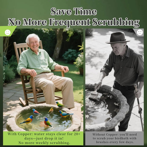 Image showing two men near bird baths, comparing effectiveness of Pure Copper Bird Bath Disk With Triple Point Support Keeps Water Clean Longer For All Season Outdoor Bird Bowl No Scrubbing Needed Safe Water Without Chemicals 99.99 Percent Copper Flower Design.