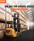 A forklift on a modular mat in a warehouse setting with shelves of boxes, promoting multi-purpose protection.