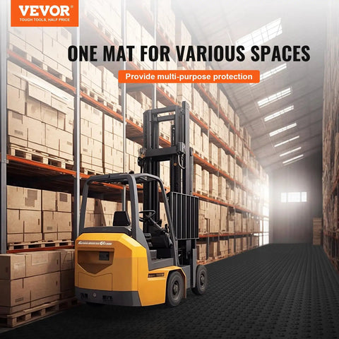 A forklift on a modular mat in a warehouse setting with shelves of boxes, promoting multi-purpose protection.