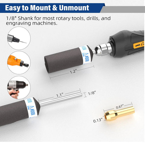 Pro Grade Sanding Drums Kit For Rotary Tool With One Eighth Inch Shank 25 Pcs 240 320 400 600 800 Grits displayed with measurements