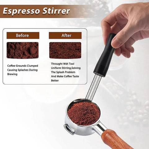 Espresso Stirrer from Game Changing Wooden Espresso Tamper Station, featuring a metal base and wooden handle for effective coffee preparation.