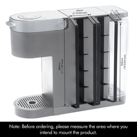 Side Mount K Cup Holder For Keurig Adhesive Metal Pod Organizer Matte Black Finish 2 Pack Keeps 10 K Cups Handy And Neat Space Saving Counter Mount For Keurig Coffee Makers attached to coffee machine with dimensions.