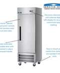 Heavy Duty Commercial Reach In Freezer Rock Solid Stainless Steel Kitchen Workhorse With Electronic Thermostat Led Display And Self Closing Door 23 Cu Ft Nsf Certified Cold Storage Unit front view with stainless steel finish.