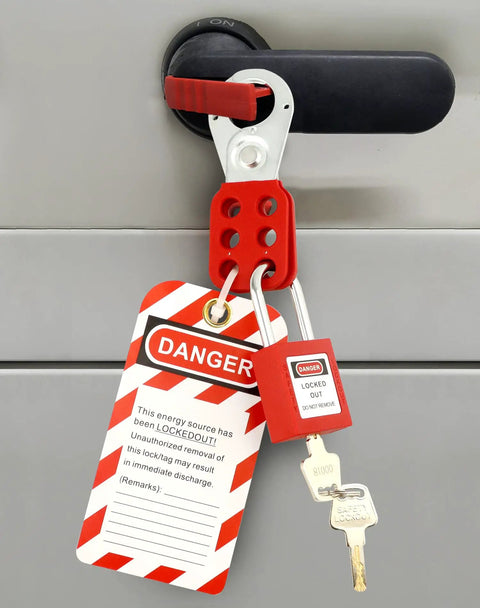 Close-up of Pro Grade Lockout Tagout Station Kit With LOTO Tools For Industrial Safety installed with tag and padlocks