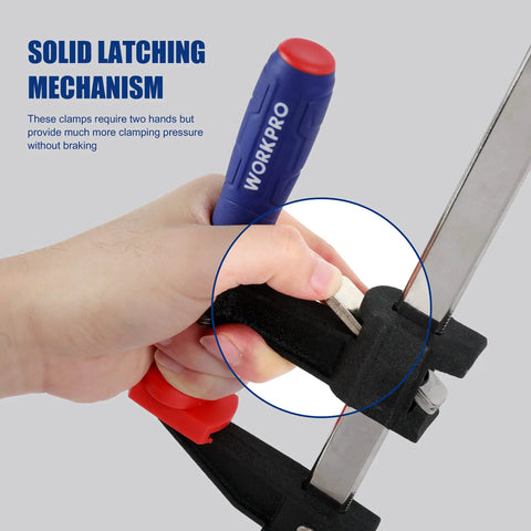 Two Piece 12 Inch Steel Bar Clamps With Reinforced Heavy Duty Bodies And Six Hundred Pound Jaw Capacity Built Like A Badass Workhorse For Woodworking Carpentry And Pro DIY Crews Needing Zero Slippage Grip in use, showcasing solid latching mechanism.