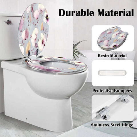 Soft Close Elongated Toilet Seat for Bathroom with floral design, resin material, and stainless steel hinges.