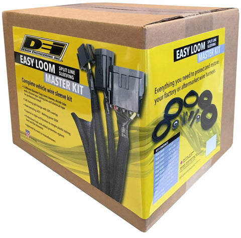 Packaging of Easy Loom Split Sleeve Master Kit For Vehicle Wiring Protection with image of components on yellow background.