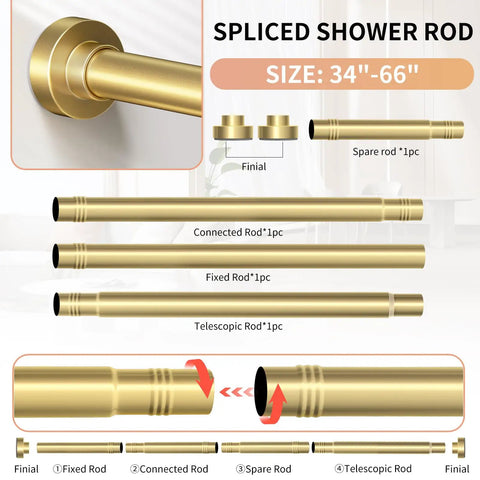 Gold Shower Curtain Rod 34 To 66 Inches Adjustable Telescopic Spring Tension No Drill Rustproof components diagram