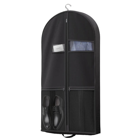 On The Go Travel Garment Bag 43 Inch Heavy Duty Suit Carrier With Zipper Pocket And Accessories, hanging with shoes inside