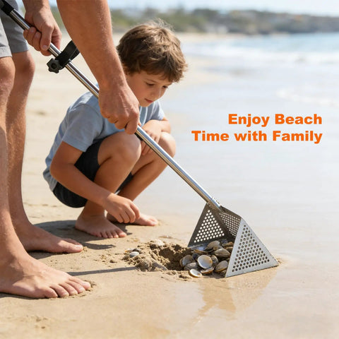 Beach Sand Rake Set With Detachable 52 Inch Handle And 16 Inch Mesh Screen, Stainless Steel Sand Sifter scooping shells on shore