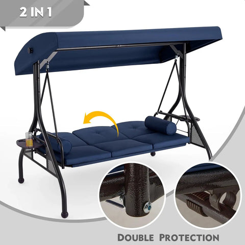 Three Seat Outdoor Porch Swing With Adjustable Canopy And Stand, Convertible Patio Glider Bed With Thick Cushions And Pillow