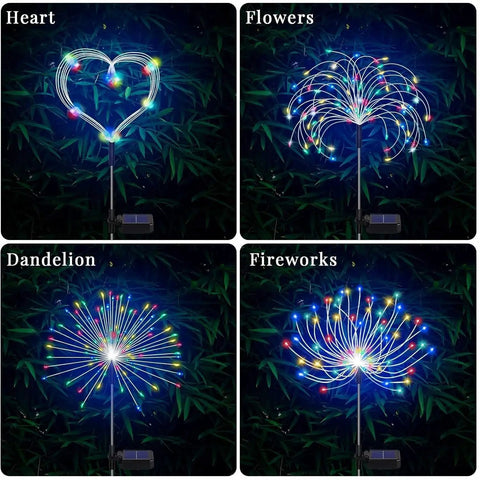4 Pack Solar Garden Lights With 120 LED Starburst Effects in heart, flower, dandelion, and firework shapes, outdoor waterproof