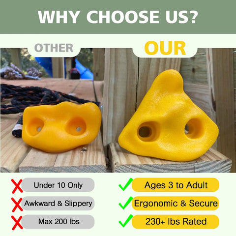 Comparison of two climbing holds; left "Other" awkward hold and right ergonomic Ninja Tree Climbing Holds Set For Kids And Grownups.