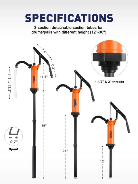 Heavy Duty 55 Gallon Drum Pump For Def Fluid Transfers And Barrels With Grippy Handle Design Built Tough For The Daily Grind And Smooth Auto Shop Work Delivers Reliable 9 To 14 Oz Per Stroke Performance, showing 3-section detachable suction tubes for various drum heights.
