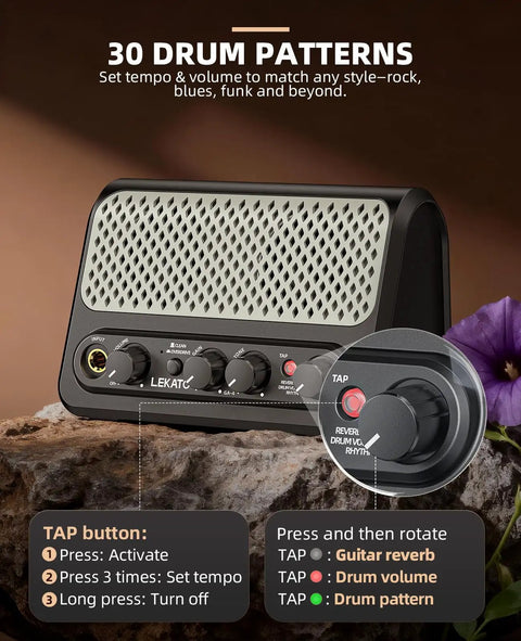 Portable 10W Bluetooth Guitar Amp With Built In Drum Machine Featuring 30 Patterns Clean And Drive Channel Reverb Rechargeable Battery Ultra Compact Practice Amp For Home Studio Or On The Go Jams with control interface showing buttons and settings