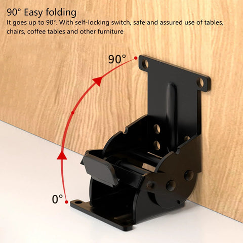 Industrial locking hinge bracket, black metal 90-degree foldable leg bracket for tables and workbenches.