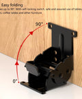 Industrial locking hinge foldable leg bracket in black metal mounted to a wood panel; 0–90° folding for tables and workbenches.