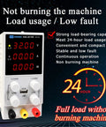 Beefy Adjustable 30V 10A DC Benchtop Power Supply With Encoder Coarse And Fine Knobs Variable Switching Regulated Lab Power Unit USB 5V 2A Charge Port Backlit Four Digit Display For Precise DIY Projects. front view