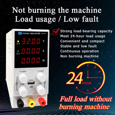 Beefy Adjustable 30V 10A DC Benchtop Power Supply With Encoder Coarse And Fine Knobs Variable Switching Regulated Lab Power Unit USB 5V 2A Charge Port Backlit Four Digit Display For Precise DIY Projects. front view