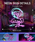 Game Zone neon sign with headphones design, 32 x 40 cm, blue and pink LED lights, perfect for gaming rooms and decor.