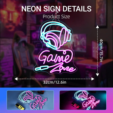 Game Zone neon sign with headphones design, 32 x 40 cm, blue and pink LED lights, perfect for gaming rooms and decor.