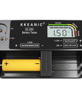 Straight Shooting Battery Tester For AA AAA C D And 9V Household Cells With Precise Digital Voltage Readings showing battery status.