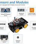 Four Wheel Drive Robot Car Kit Compatible With Arduino IDE Featuring Line Tracking And Obstacle Avoidance Wireless Control App Ultrasonic Sensor And Servo Motor DIY Ready Battery Not Included with sensor and module diagram.
