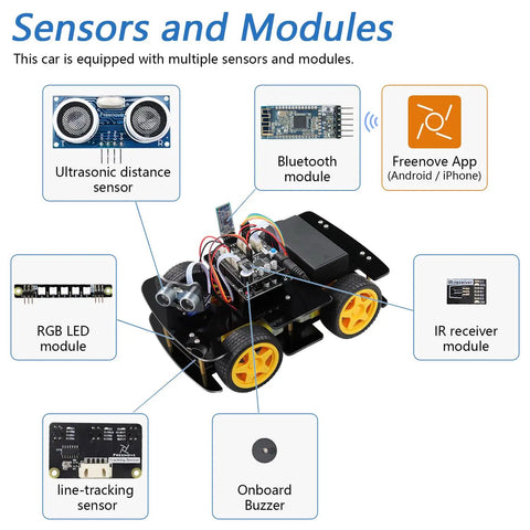Four Wheel Drive Robot Car Kit Compatible With Arduino IDE Featuring Line Tracking And Obstacle Avoidance Wireless Control App Ultrasonic Sensor And Servo Motor DIY Ready Battery Not Included with sensor and module diagram.