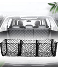 Hammock Style Three Compartment Cargo Net Made For Tesla Cybertruck 2024 Plus Truck Bed Storage Mesh Pouch in a vehicle interior.