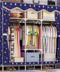 Heavy Duty Portable Foldable Canvas Wardrobe Closet Organizer With Bulky Steel Pipe Frame And Weather Resistant Washable Cover, displaying organized clothes and accessories.