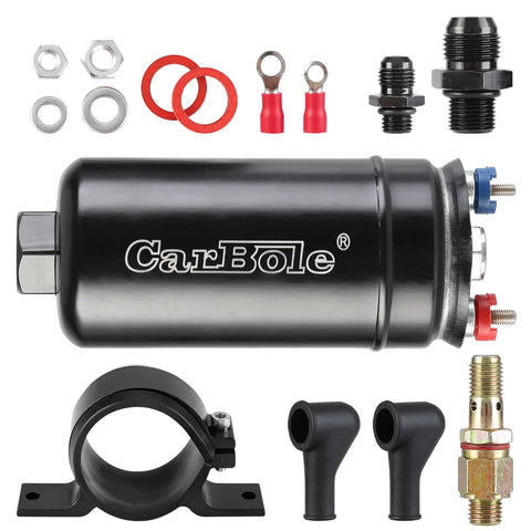 Universal 12V Inline Fuel Pump for EFI Systems, 300 LPH High Flow, Diesel and Gasoline Ready, with mounting bracket and fittings.