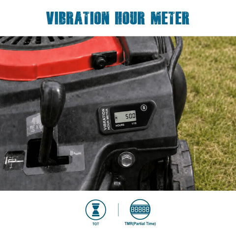 LCD Vibration Hour Counter For Outdoor Power Equipment With Wireless Induction Adjustable Vibration Frequency Three Sensitivity Modes SEN 1 2 3 Cordless Dual Time Recording No Fuss Setup Black mounted on mower panel