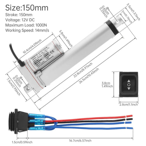Heavy Duty 12V Linear Actuator, 150mm Stroke, 14mm/s Speed, 1000N and 220lb Thrust, IP54 Waterproof with switch and wires