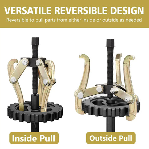 8 Inch 3 Jaw Gear Puller Removal Tool showing reversible design with inside and outside pull on gears