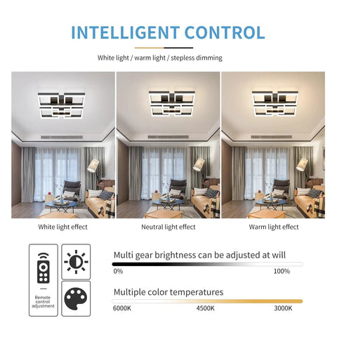 64W Dimmable Black 5 Square LED Ceiling Light With Remote Control Flush Mount Chandelier color temperature illustration