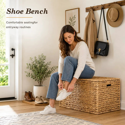 Handwoven Water Hyacinth Storage Trunk With Lid And Handles used as a shoe bench in entryway