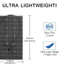 Image of a 10 Pack Flexible Monocrystalline Solar Panels 100 Watts Each with dimensions, showcasing ultra-thin 2.5mm design.