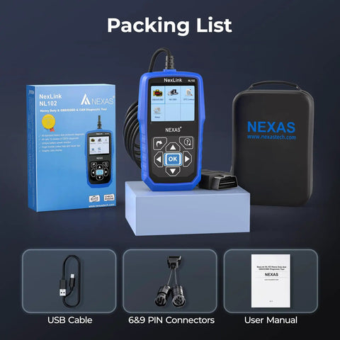Heavy Duty Truck Scanner NL102 Pro Grade Full System Diagnostic Tool with box, connectors, and case displayed