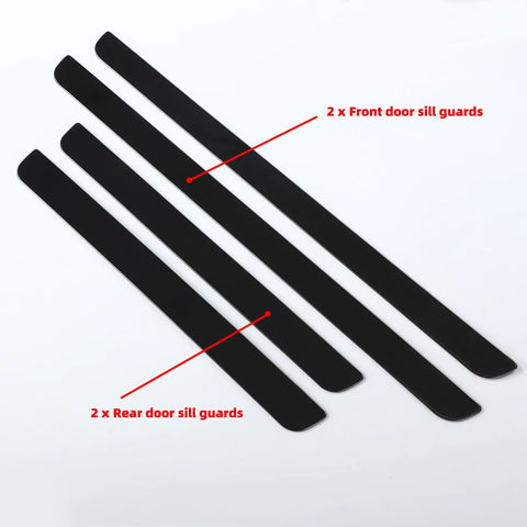 Badass Level Stainless Steel Door Sill Scuff Plate Guards For Rivian R1S R1T R2 Four Piece Entry Step Pad Trim showing two front and two rear guards.