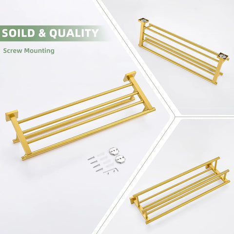 Brushed Dark Gold Stainless Steel Towel Rack With Double Bar Holder For Bathroom Wall Mount SUS 304 Durable Towel Shelf, hardware included.