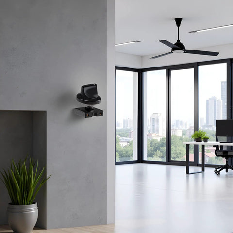 4 Position Ceiling Fan Speed Switch With 3 Speeds And Off Dope Black Rotary Controller installed on wall in modern office space