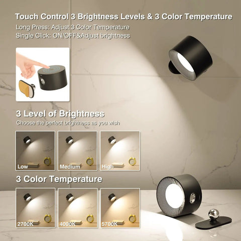 Rechargeable LED Wall Sconce With USB Port, 3 Color Temperatures, 3 Brightness Levels, 360 Degree Rotating Magnetic Ball on wall