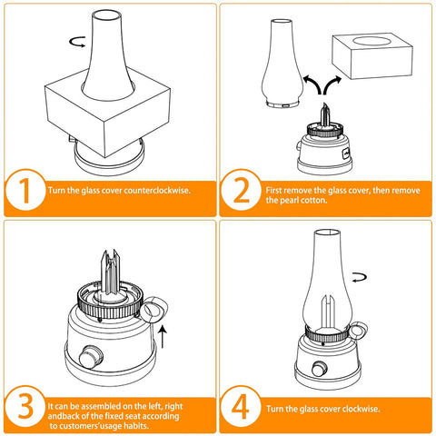Rechargeable Bedside Lamp Portable Lantern With 3 Light Modes 5000mAh Battery assembly instructions, showing glass cover steps.