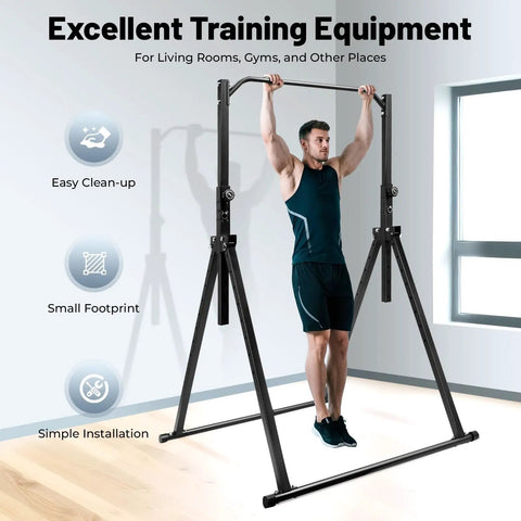 Man using Adjustable Pull Up Station Bar For Home Gym 5.7Ft-7.5Ft Height, Carbon Steel Frame, Rust Resistant, Heavy Duty Rig