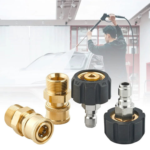 Raincovo pressure washer quick-connect fittings set, close-up of 4-piece brass and black adapters (M22 14mm to 1/4 in).