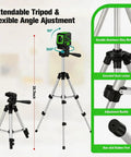 Laser Level With Tripod And Rotary Green Cross Line 100 Ft Self Leveling Laser Tool For Indoor Outdoor Construction And For DIYers 110 Degree Coverage For Precise Alignment And Fast Reliable Results, aluminum tripod 11.8 to 28.7 inch