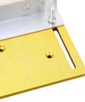 Close-up of Solid As Rock Aluminum Router Table Insert Plate showing ruler marks, precision spacers, and gold tone finish.