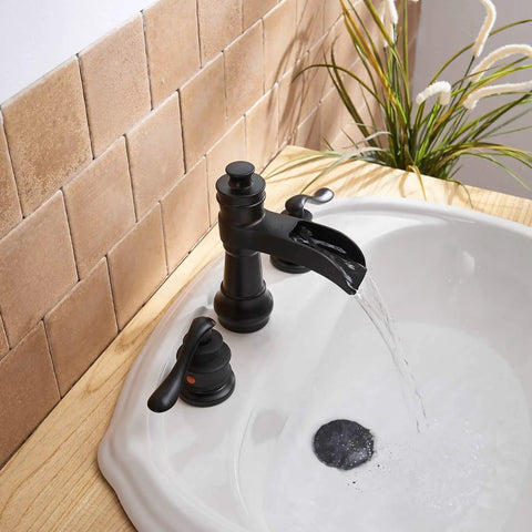 Matte Black 3 Hole Widespread Bathroom Faucet With Two Handles 8 Inch Centers Waterfall Spout in farmhouse style setup